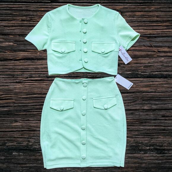 NWT XS Mint Green 2 Piece‎ Mini Skirt Cardigan Set Retro Crop Y2k Trendy Vintage - Picture 1 of 5